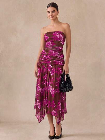 Almamuse Women's Elegant Beach Vacation Strapless Floral Print Dress