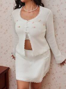CovetEZ Plus Size Women's 3D Floral Decor Long Sleeve Knit Cardigan And Skirt Set Date Night Cocktail Wedding Guest Dinner Formal Party White Autumn - White - View 3