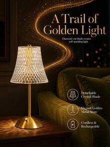 Table Lamp With Diamond Cut Crystal Glass Shade, Dimmable Warm LED Bedside Lamp, Minimalist Gold Metal Decorative Desk Lamp For Bedroom Living Room Home Decor - one-size - View 2