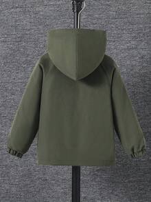 SHEIN 男童軍綠色連帽工裝口袋羽絨填充外套，適合外出、學校與居家穿著，附抓絨內裡 - 軍綠色 - 查看 3