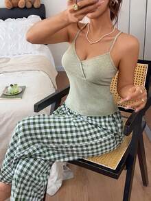 Napfluff Minimalist Ribbed Knit Camisole Set, Fresh Plaid Wide Leg Loungewear 2 Pieces Set - Green - View 6