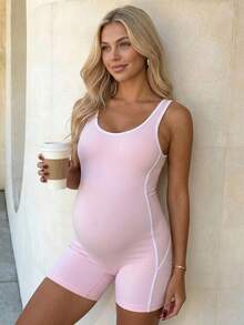 SHEIN 孕婦純色滾邊休閒背心式運動連身褲 - 粉色 - 查看 1