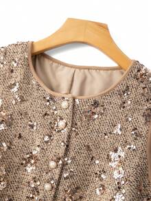 GlowEve CURVE Plus Size 2 Pieces Set Sleeveless Sequin Button Vest + Pleated Maxi Skirt, Waist-Defining Flared Hem, Slimming Commute & Date Outfit - Mocha Brown - View 3