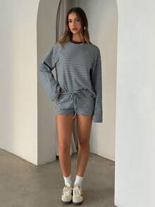 Aloruh Women's Striped Patchwork Long Sleeve Top And Shorts Casual Daily 2 Pieces Set - Multicolor - View 6