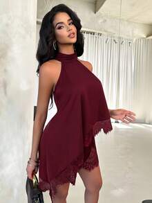 SHEIN PariChic 黑色掛脖蕾絲拼接不對稱下擺女款上衣與女款蕾絲拼接短褲兩件套 - 酒紅色 - 查看 7