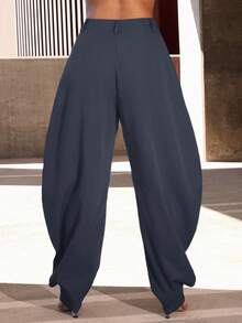 Vixey High Waisted Barrel Office Pants With Gold Button Cuffs, Work Office Outfits, Formal Pants - Dusty Blue - View 5