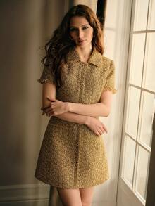 MOTF PREMIUM WOMEN'S GOLD TEXTURED WAIST-CINCHING ELEGANT SHORT DRESS FOR COMMUTING - Gold - View 7