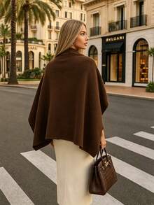 Balvessa Women's Solid Color Shawl & Crew Neck Long Sleeve Sweater Set - Brown - View 3