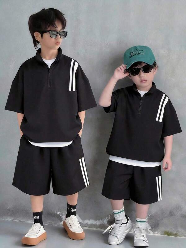 SHEIN Little Byeori 2pcs Tween Boy Short Sleeve Collared Shirt And Shorts Set, Woven Shirt Outfit Suitable For School, Outings, Sports, Holiday Parties, Vacation, Spring And Summer
