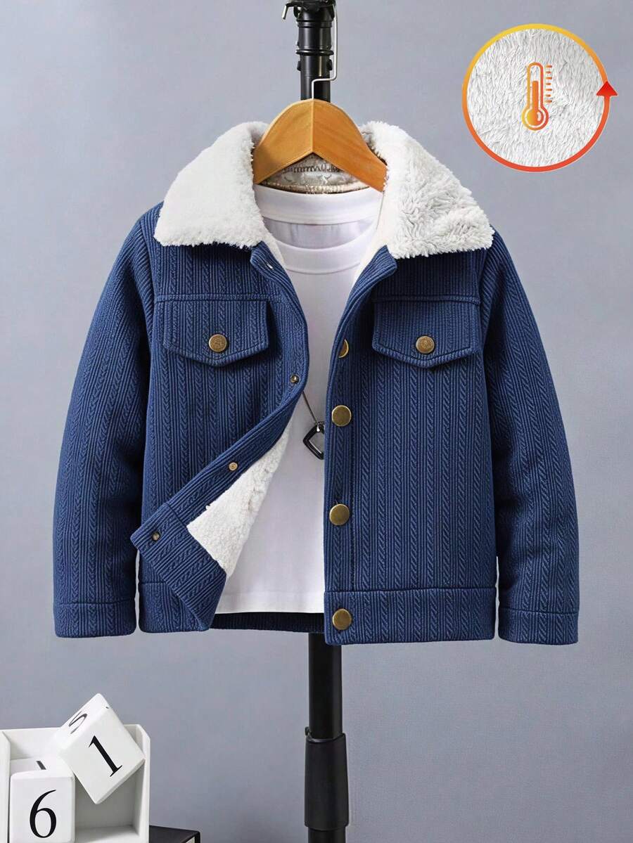 SHEIN 小男孩保暖內裡單排扣休閒日常夾克外套 冬季 - 藍色 - 查看 1