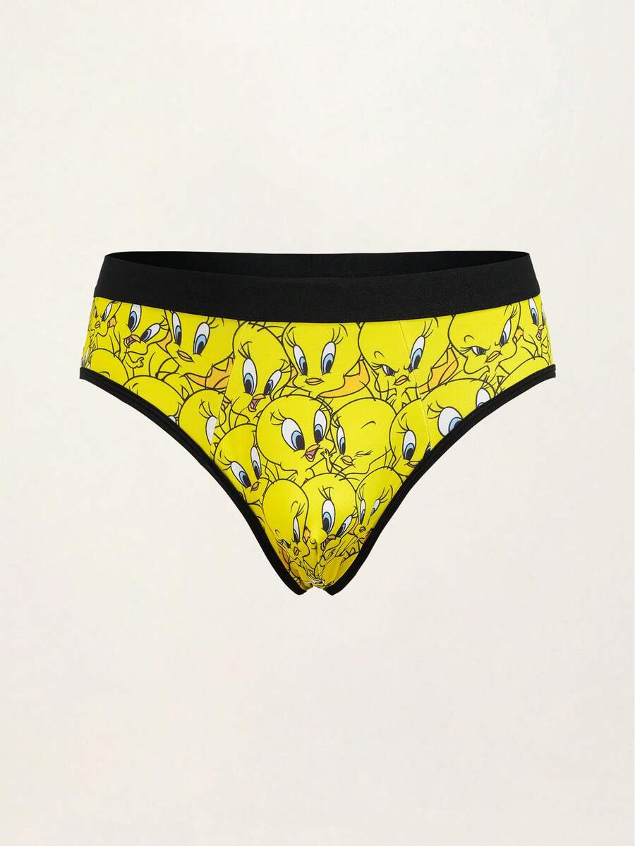 LOONEY TUNES X SHEIN Men's Cartoon Print Elastic Waist Briefs - Yellow - View 1