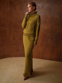 MOTF PREMIUM WOMEN SOLID HIGH NECK RAGLAN SLEEVE CABLE KNIT SWEATER & SPLIT HEM KNIT SKIRT SET - Green - View 4