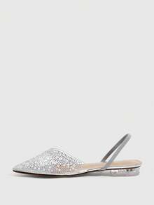 CUCCOO SZL Women's  Pointed Toe Slingback Pumps With Rhinestone Embellishment And Flat Transparent Heels - Silver - View 4