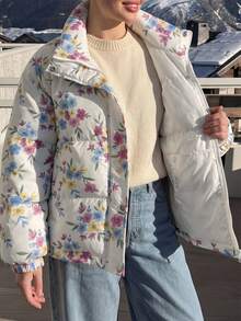 DAZY Women's Floral Print Long Sleeve Zipper Front Loose Winter Jacket - White - View 3