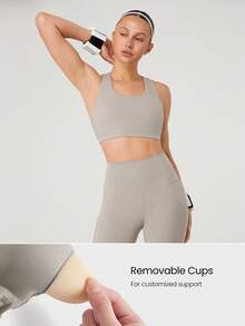 GLOWMODE 2 件 Powersculpt™ Flex Your Fit 吸汗凉爽感觉交叉后背宽肩带运动胸罩和 24 英寸紧身裤套装高强度健身跑步训练可拆卸罩杯 - 卡其色 - 查看 3