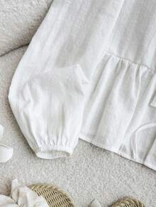 SHEIN Tween女孩優雅白色夏季度假修身休閒極簡舒適圓領長袖蝴蝶結梭織紋理布料襯衫 - 白色 - 查看 5