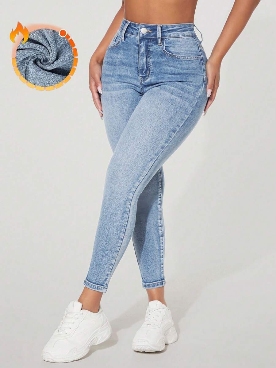 SHEIN PETITE 休閒水洗修身牛仔褲 - 淺色水洗藍 - 查看 1