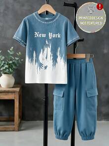 SHEIN 1 Random Set,Minimalist Letter Pattern Cargo Pants Set, Blue Gradient Font Print, Suitable For Boys School Clothes Comfortable - Multicolor - View 3