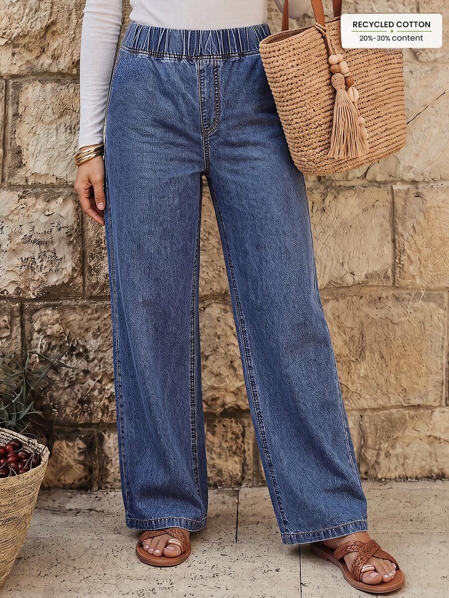 EMERY ROSE Jeans de pierna ancha con cintura elástica lavada de manera informal - Azul - Ver 1