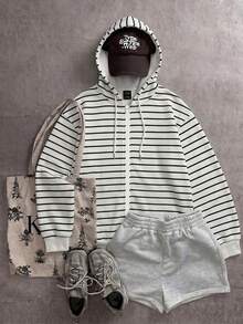 SHEIN EZwear Casual Loose Hooded Open Front Sweatshirt Autumn/Winter - Multicolor - View 2