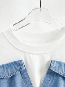 SHEIN Clasi 女款 2 合 1 拼接休閒日常牛仔上衣 前扭結露肩 2 合 1 泡泡短袖短版襯衫 夏季 白色 藍色 - 藍色 - 查看 3