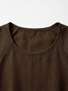 Balvessa Women's Double Layer Ruffle Raglan Sleeve Round Neck Top, Elegant Commute Style For Spring/Summer - Brown - View 6