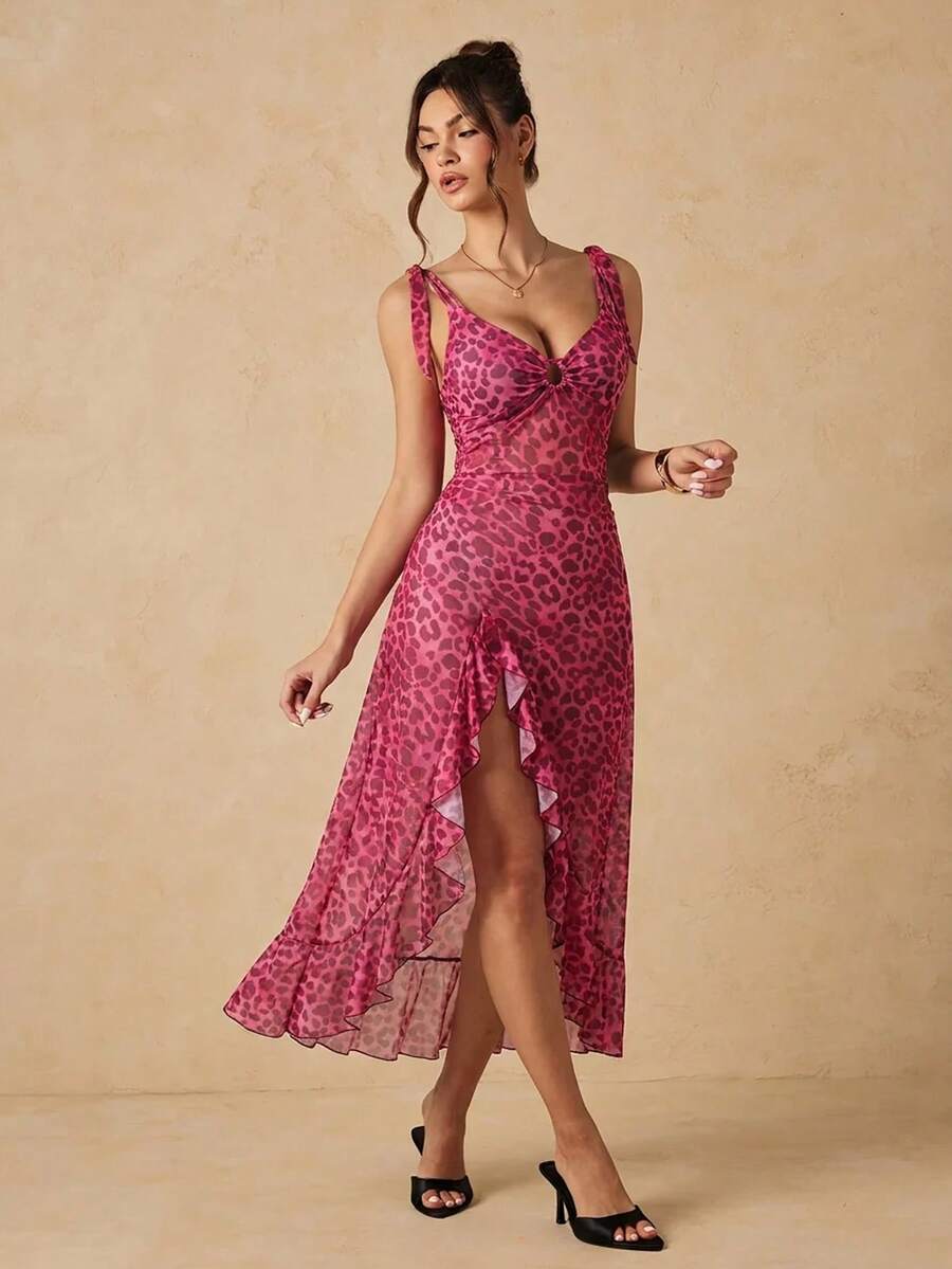HautHeat Women's Leopard Print Patchwork Ruffle Hem Slit Sexy Loungewear Dress - Hot Pink - View 1