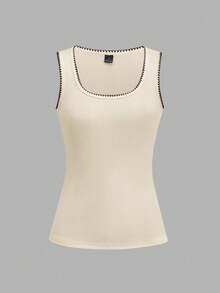 SHEIN EZwear 2件裝復古休閒拼色方領細肩帶背心上衣，極簡百搭無袖修身針織 T-shirt，米色深棕色夏季款 - 彩色 - 查看 7