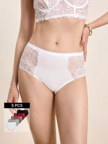 Hourtrue 5pcs Women High Waist Lace Print Breathable Mesh Soft Elastic Briefs, Comfortable Skin-Friendly, Ideal Gift Choice - Multicolor - View 2