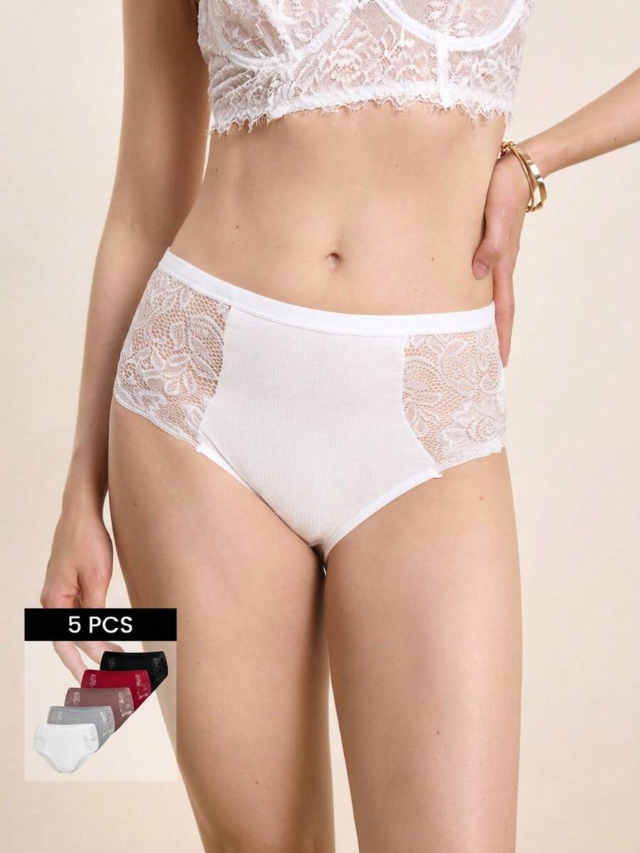 Hourtrue 5pcs Women High Waist Lace Print Breathable Mesh Soft Elastic Briefs, Comfortable Skin-Friendly, Ideal Gift Choice