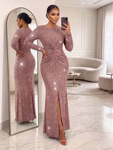 SHEIN Lady CURVE Plus Size Women's Round Neck Long Sleeve Pleated Shiny Split Hem Dress Fall - Khaki - View 8