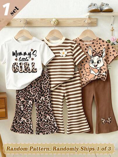 (3 Set Acak, Kirim 1 Set) Setelan 2 Potong Baju Pendek dan Celana Panjang Model Flare Motif Leopard, Huruf, Hati, Pita, Kelinci, Bunga, dan Garis untuk Bayi Perempuan, Cocok untuk Semua Musim