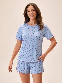 SHEIN مجموعة بيجامة كاجوال للسيدات مكونة من قطعتين (توب وشورت) من القطن المحبوك بتفاصيل غرزة ذات لون متباين مع طباعة الفراولة، ياقة دائرية وأكمام قصيرة، لون أزرق، للراحة المنزلية - الأزرق - مشاهدة 4