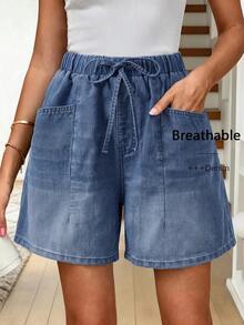 Easowa 女款收腰口袋休閒牛仔短褲 Jorts 淺藍色 夏季度假旅行日常穿搭 - 深色水洗藍 - 查看 10