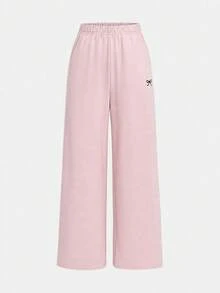 SHEIN Tween女孩多功能蝴蝶結圖案長袖上衣與長褲兩件套，粉色與灰色 - 粉色 - 查看 7