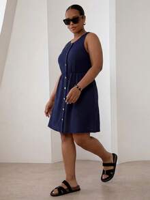 ELLERISSA Plus Size Navy Blue Round Neck Sleeveless Front Button Waffle Knit Mini Dress - Navy Blue - View 4