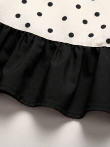 SHEIN LMoss Kids 女童編織波點圖案蝴蝶結對比飾邊休閒洋裝 - 黑與白 - 查看 4