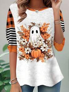 SHEIN LUNE تي شيرت نسائي مطبوع بطبعة هالوين كاجوال بأكمام طويلة وياقة دائرية باللون الأبيض لفصلي الربيع والخريف - لون مشمشي - مشاهدة 1