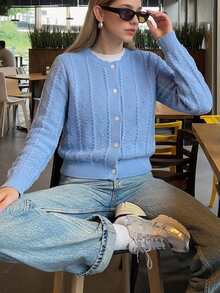 Cévolie Autumn/Winter Slouchy Loose Fit Elegant Casual Commute Knit Cardigan Versatile Sweater - Blue - View 7