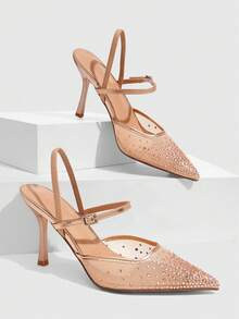 CUCCOO SZL Women's Nude Slingback Pumps With Pointed Toe Rhinestone Mesh Upper And High Stiletto Heel For Party - Champagne - View 1