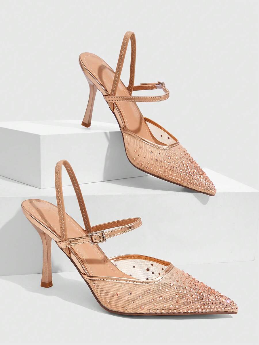 CUCCOO SZL Women's Nude Slingback Pumps With Pointed Toe Rhinestone Mesh Upper And High Stiletto Heel For Party - Champagne - View 1