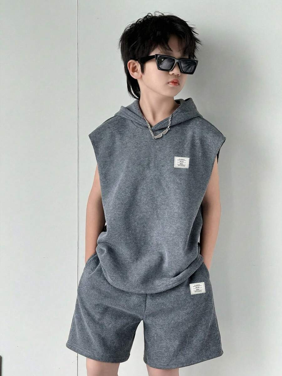 2件套 男童休闲韩版字母印花连帽卫衣和纯色短裤套装 - 灰色 - 查看 1