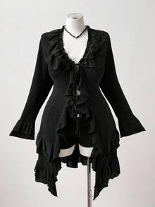 Sunspun Plus Size Women Solid Color Flare Sleeve Ruffle Patchwork Front Tie Fashionable Jacket Fall Winter Cloth For Women Autumn - Black - View 6