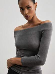 ATUI Studio Atasan Rajut Wanita Lengan 3/4 Campuran Wol Tencel Motif Marmer Layar Perak Model Bahu Terbuka - Atasan untuk Transisi Musim Gugur/Musim Dingin, Pakaian Berlapis yang Penting - Light Grey - View 2
