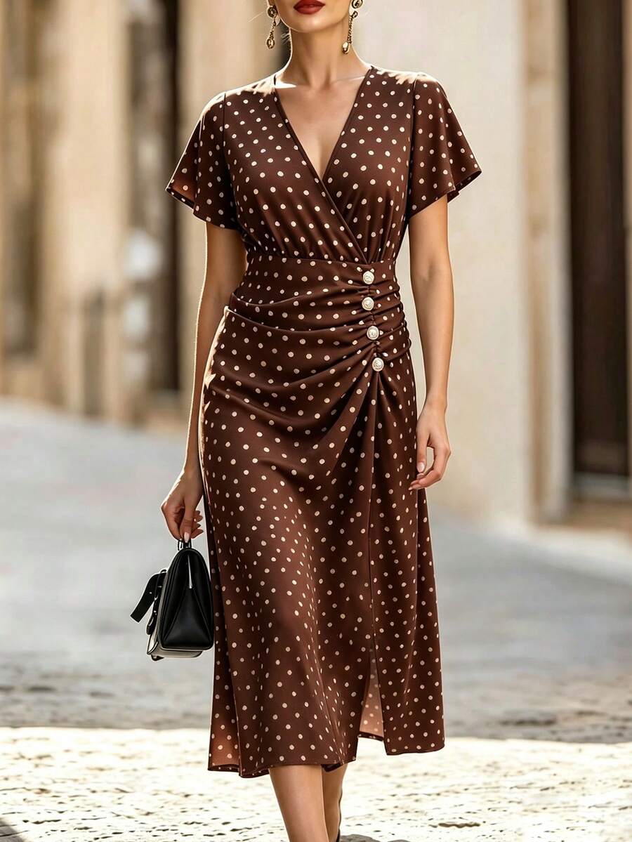 Velvienne Plus Size Woven Elegant Polka Dot Summer Women's Dress - Coffee Brown - View 1