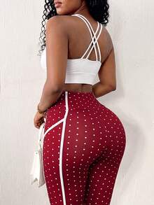 BamGleam Women's Burgundy Colorblock Casual Daily Travel Sports Tight Leggings Gym Prom Summer - Red and White - View 5
