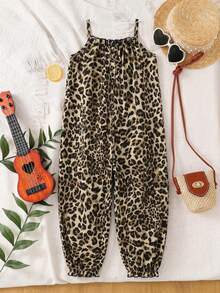 SHEIN Young Girl Casual Vacation Leopard Print Spaghetti Strap Jumpsuit - Multicolor - View 3