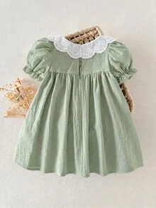 Cozy Pixies Baby Girl Floral Print Peter Pan Collar Puff Sleeve Dress - Mint Green - View 2