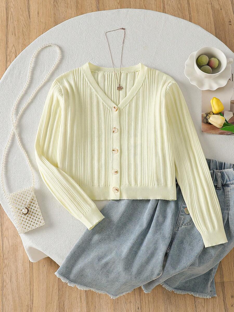 Girls' Heart Pattern Knitted Sweater With Handmade Bow, Long Sleeve - Yellow - View 1