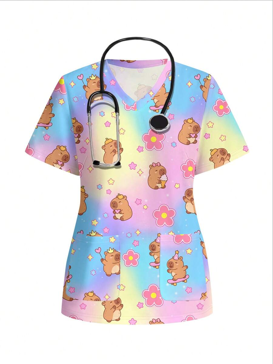 PopScrub Casual Minimalist Scrub Scrub Uniform Top With Capybara Print Pattern, Cute Style, Suitable For Work Commute And Pet Hospital - Multicolor - View 1